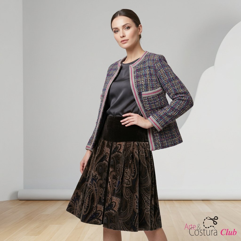 Conjunto de alta costura diseñado por Ángeles Jiménez: chaqueta de tweed multicolor con ribetes en contraste y falda de terciopelo con estampado paisley