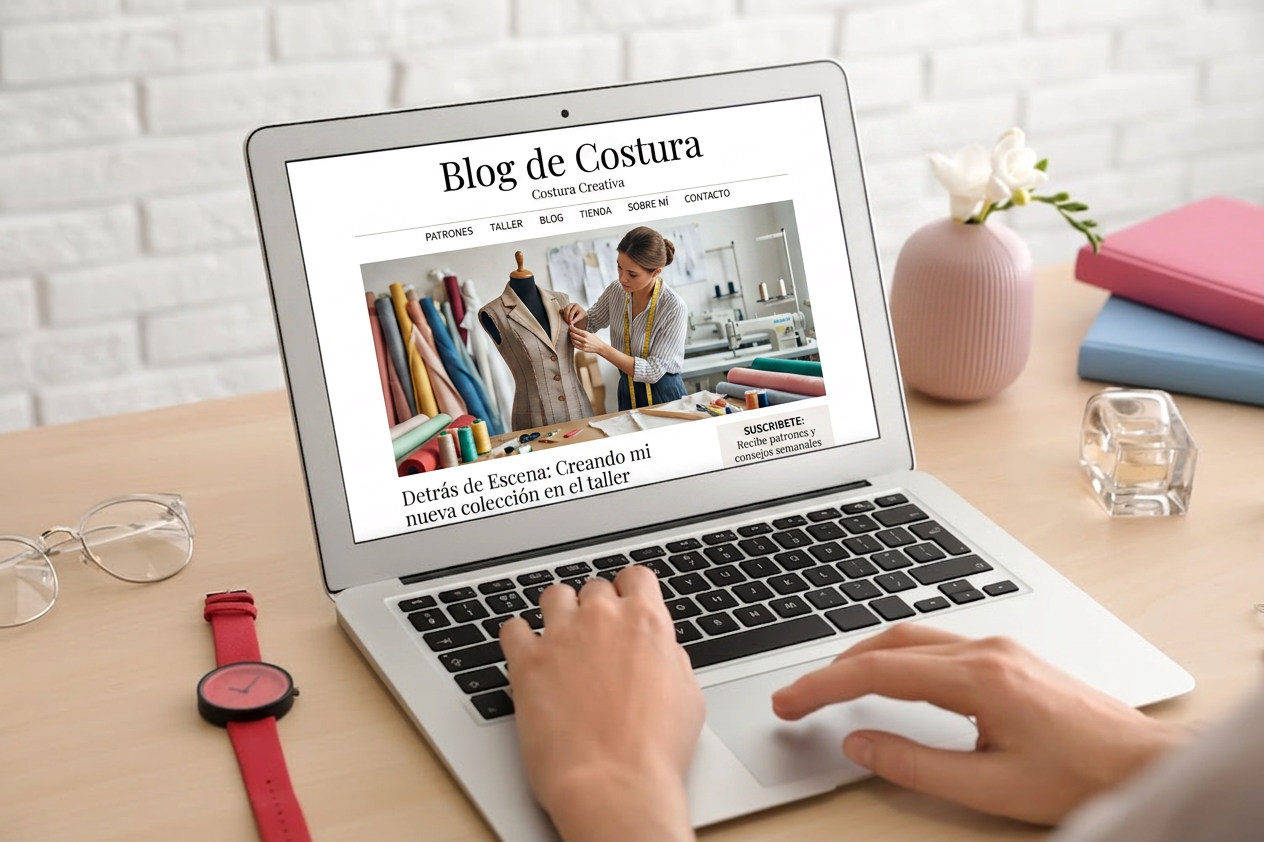 Ordenador portátil mostrando el blog de costura con artículos sobre análisis de materiales, maquinaria y tendencias de moda.