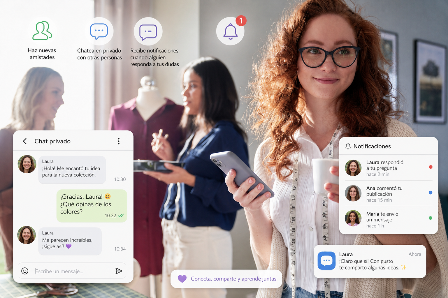 Interfaz de chat en vivo sobre imagen de costureras resolviendo dudas técnicas y compartiendo consejos en tiempo real.