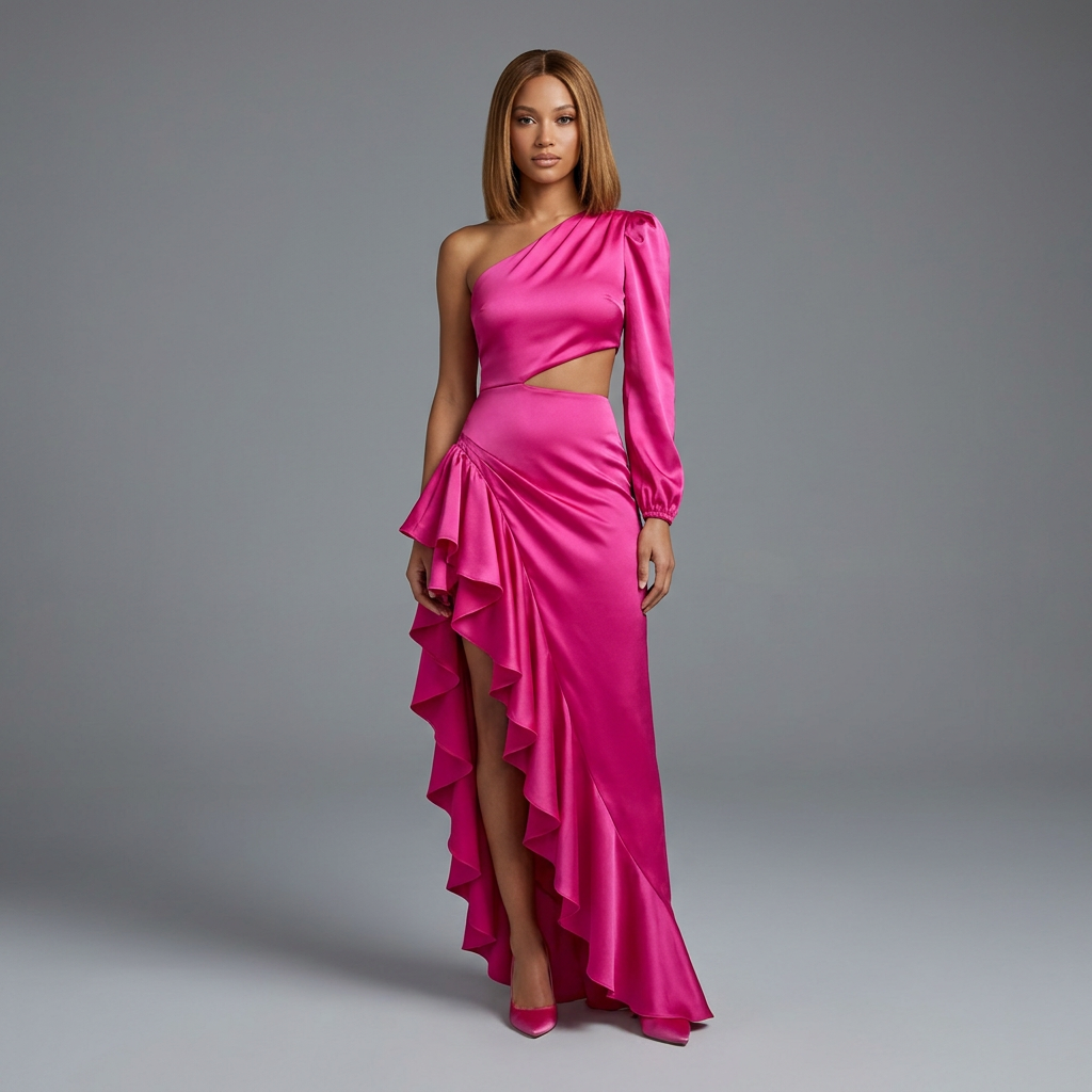 vestido asimetrico con volantes y cuerpo drapeado